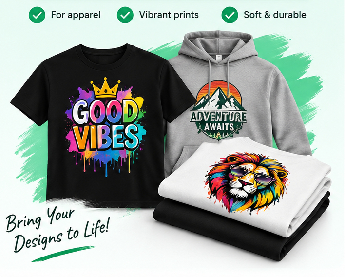 DTF transfers printed on a t-shirt, a hoodie and folded shirts