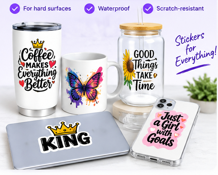 UV DTF stickers applied on a tumbler, a mug, a glass can, a laptop and a phone case